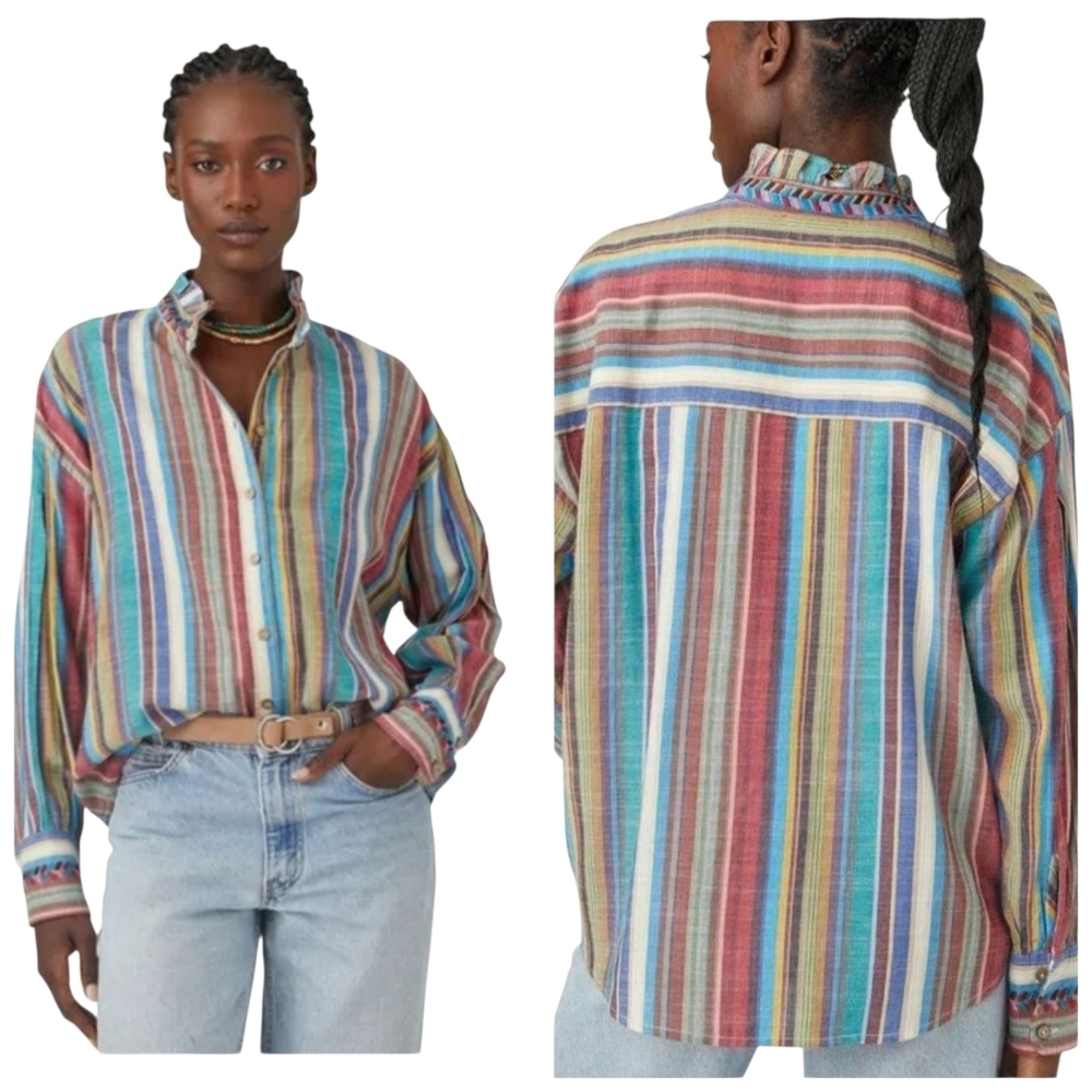 XIRENA Jensen Shirt In Painted Sunset Stripe Sz S LS Cotton Blend Quite Luxury